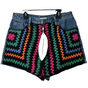 NEW Farm Rio Crochet Blue Denim Jean Shorts Women 30 $195 MSRP Boho Festival A54
